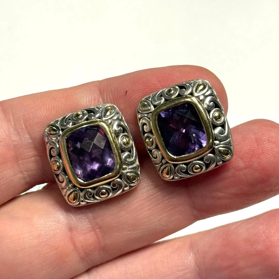 Vintage John Hardy 18K Gold Purple Amethyst Jaisalmer Clip On Earrings 925 JH124