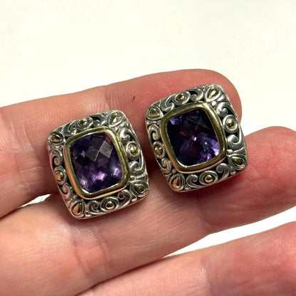 Vintage John Hardy 18K Gold Purple Amethyst Jaisalmer Clip On Earrings 925 JH124