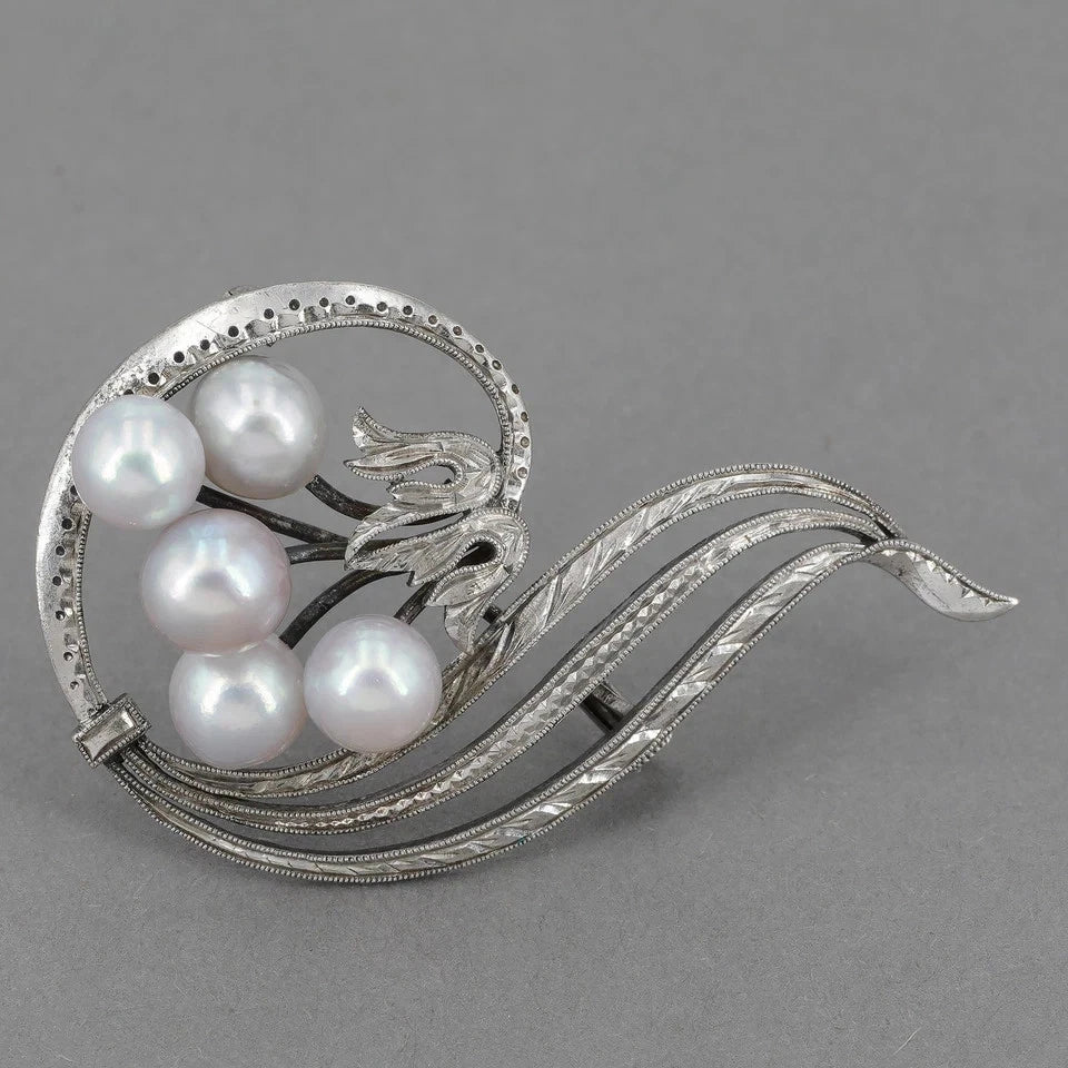 Mikimoto Sterling Silver Pin with 5 Akoya Cultured Pearls M464