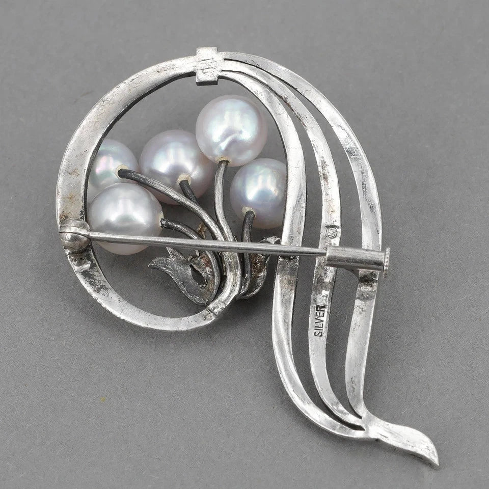 Mikimoto Sterling Silver Pin with 5 Akoya Cultured Pearls M464