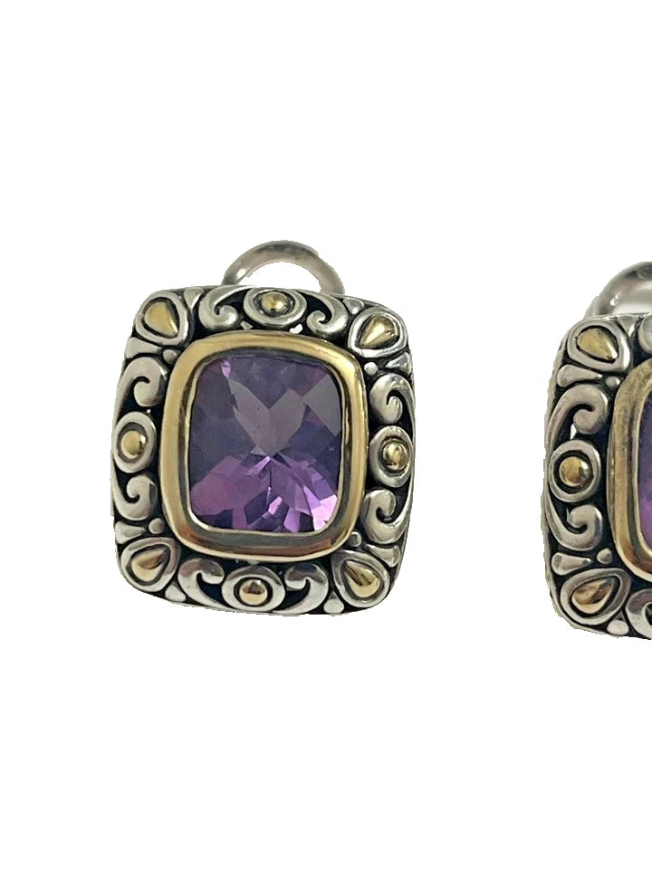Vintage John Hardy 18K Gold Purple Amethyst Jaisalmer Clip On Earrings 925 JH124