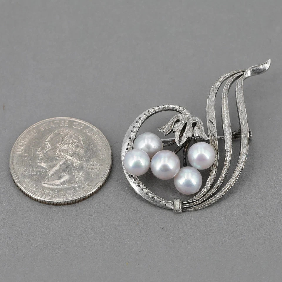 Mikimoto Sterling Silver Pin with 5 Akoya Cultured Pearls M464