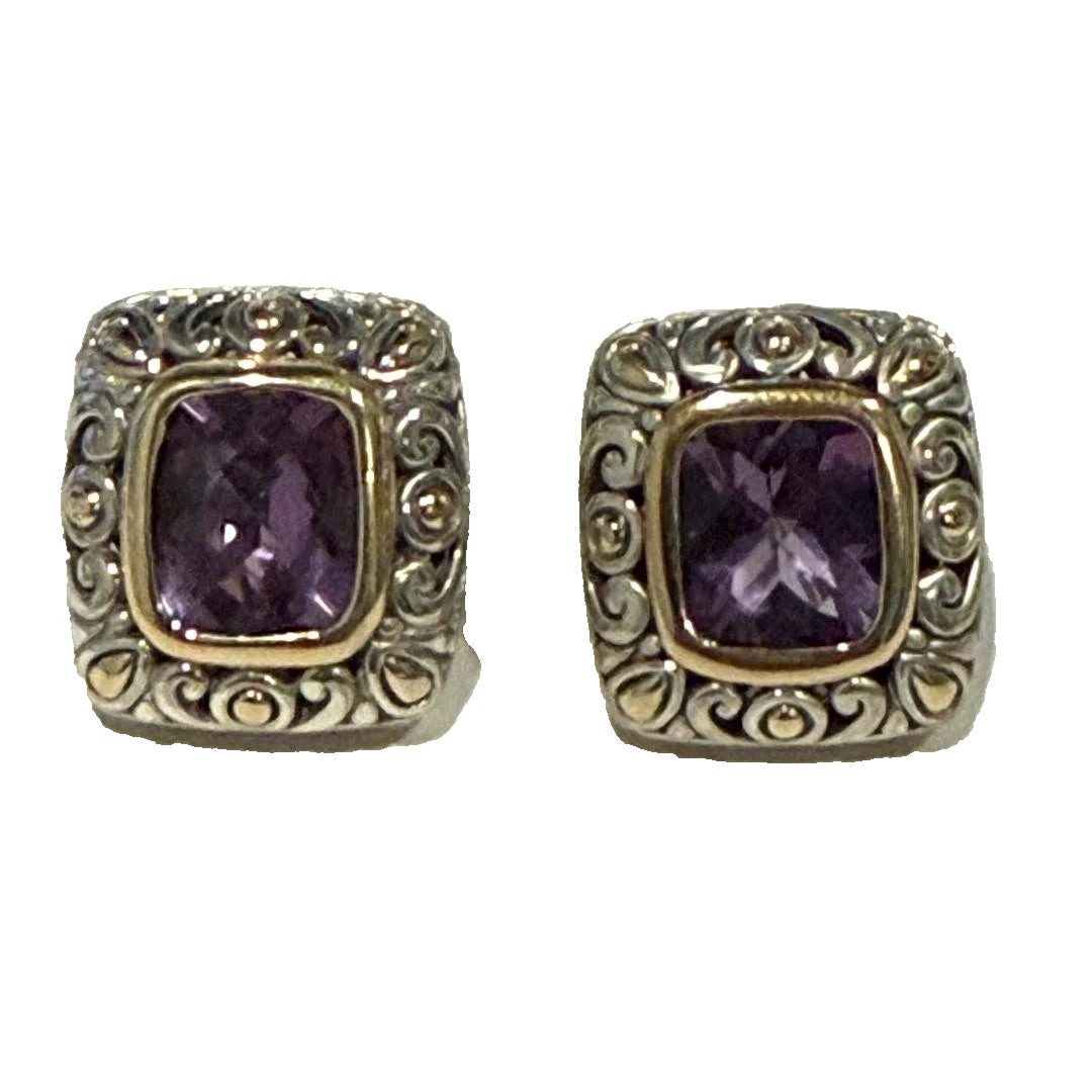 Vintage John Hardy 18K Gold Purple Amethyst Jaisalmer Clip On Earrings 925 JH124