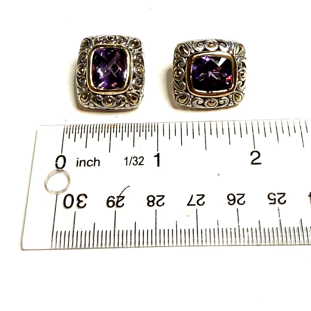 Vintage John Hardy 18K Gold Purple Amethyst Jaisalmer Clip On Earrings 925 JH124