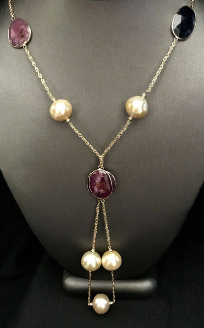 South Sea Pearl Ruby Sapphire Necklace 14k Gold Italy Certified $3,450 820427 - Certified Estate Jewelry