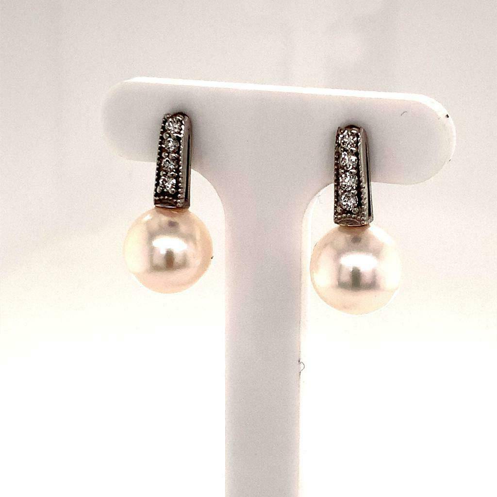 Diamond Akoya Pearl Earrings 14 KT 8.55 mm Certified $1,895 018210 - Certified Estate Jewelry