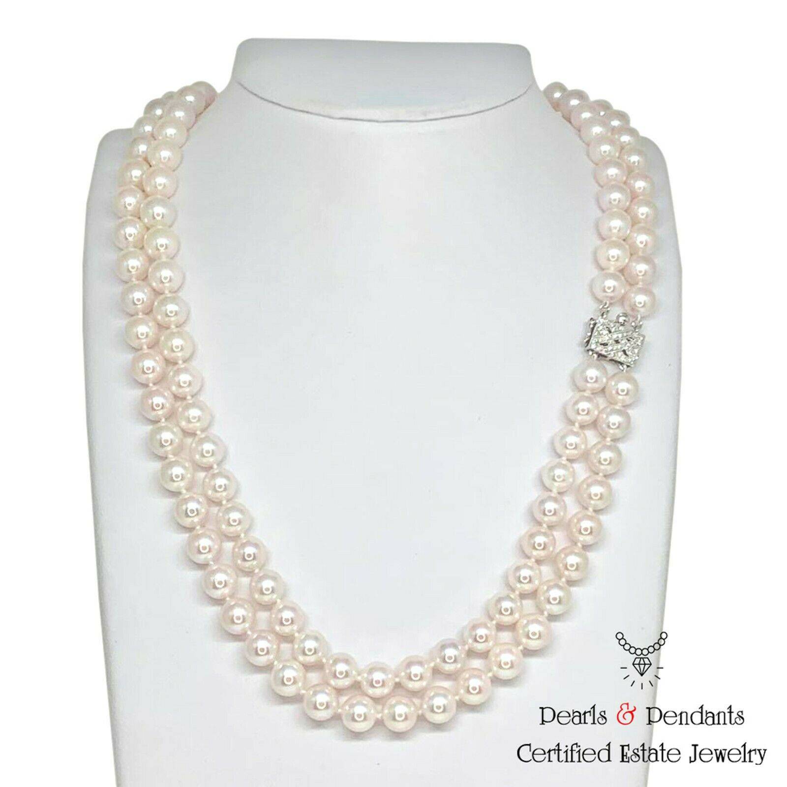 Diamond Akoya Pearl Necklace 8 mm 14k Gold 18 3/4" 2-Strand Certified $9,750 010928 - Certified Estate Jewelry