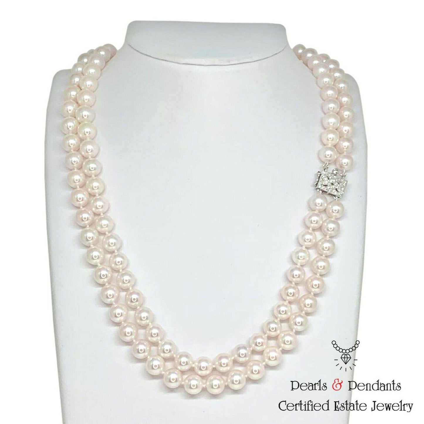 Diamond Akoya Pearl Necklace 8 mm 14k Gold 18 3/4" 2-Strand Certified $9,750 010928 - Certified Fine Jewelry