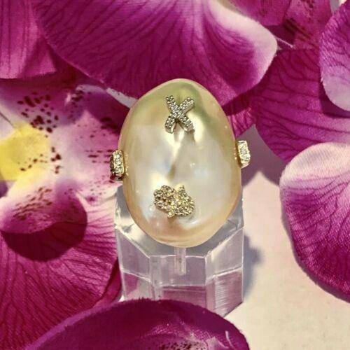 Diamond Fresh Water Pearl Ring 14k Gold Baroque Women Certified $2,950 910803 - Certified Estate Jewelry