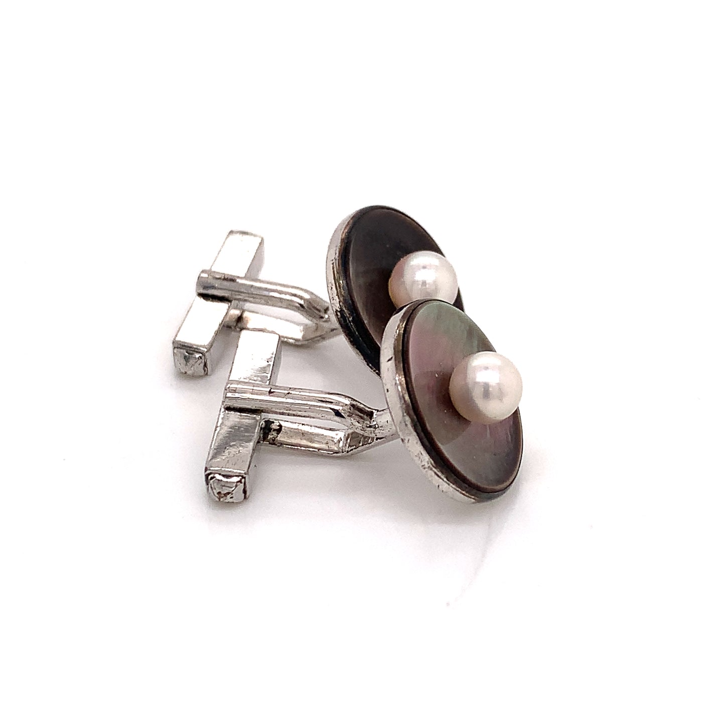 Mikimoto Estate Akoya Pearl Abalone Cufflinks Sterling Silver 5.5mm 7.24gr M188 - Certified Fine Jewelry