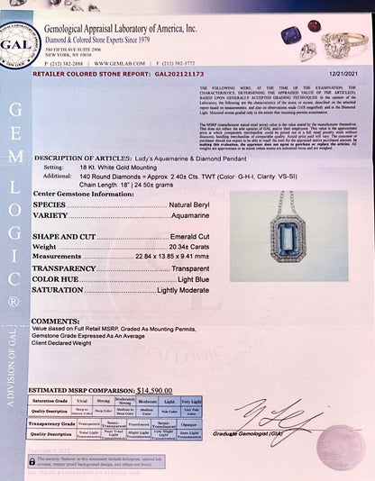 Natural Aquamarine Diamond Necklace 18k Gold 22.74 TCW Certified $14,590 121173