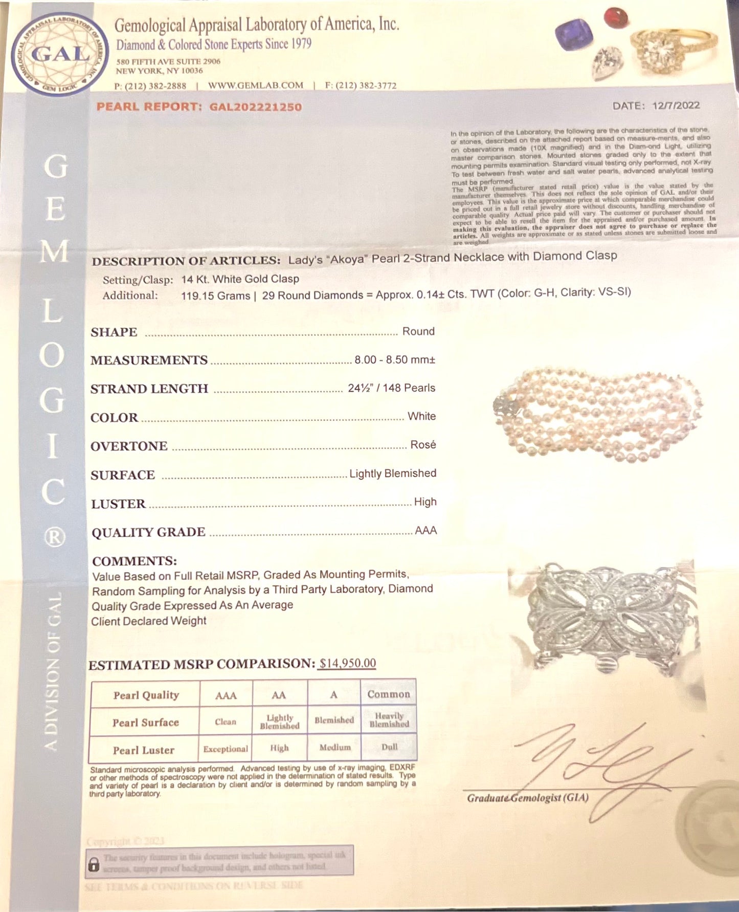 Akoya Pearl Diamond Necklace 24.5" 14k W Gold 8.5 mm Certified $14,950 221250 - Certified Fine Jewelry