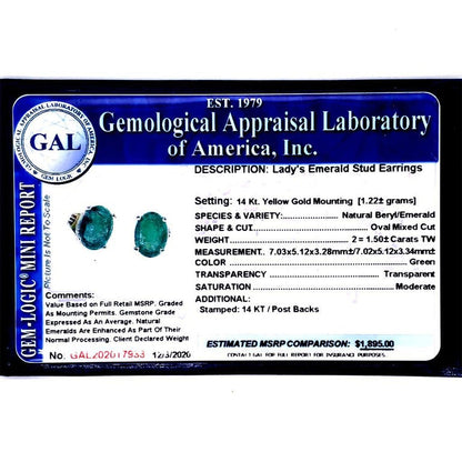 Natural Emerald Earrings 14k Yellow Gold 1.5 TCW Certified $1,895 017933 - Certified Estate Jewelry