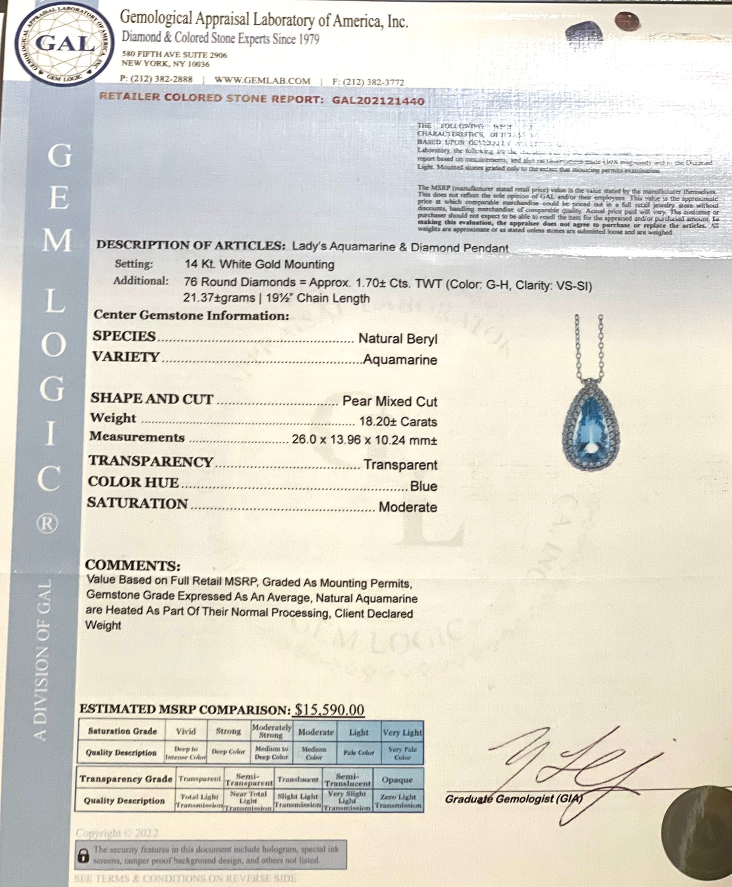 Natural Aquamarine Diamond Pendant 19.5" 14k Gold 19.9 TCW Certified $15,590 121440