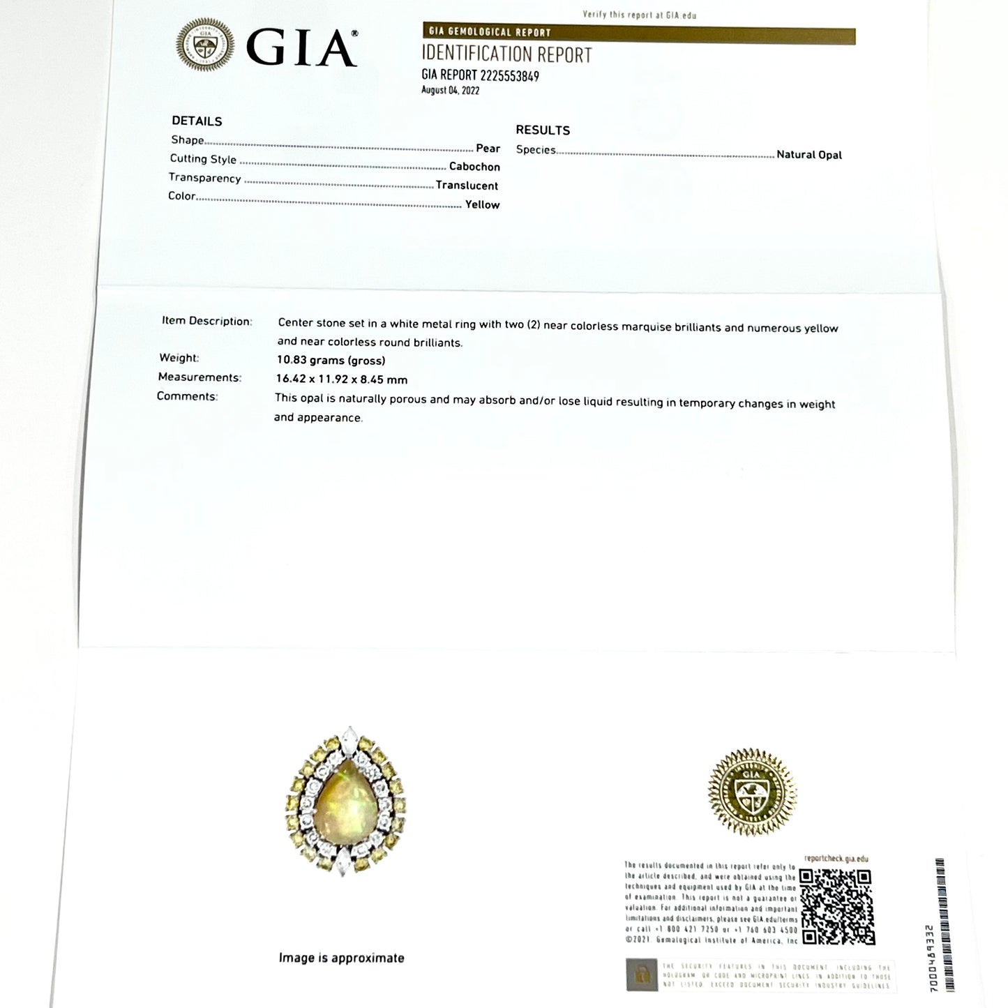 Natural White Opal Diamond Ring 14k Gold 11 TCW GIA  Certified $12,950 210739