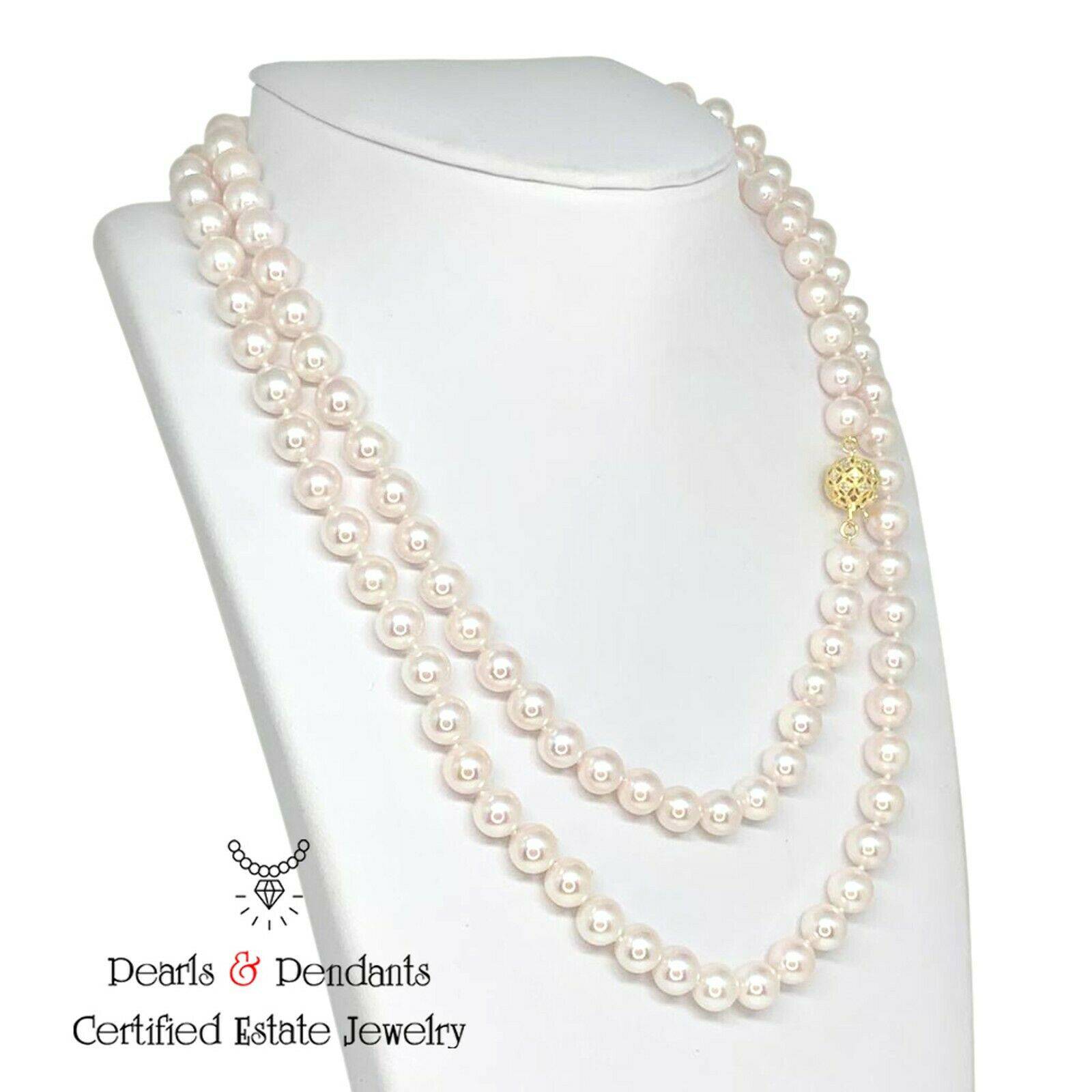 Diamond Akoya Pearl Necklace 14k Gold 8 mm 36 in Certified $9,750 010930 - Certified Fine Jewelry