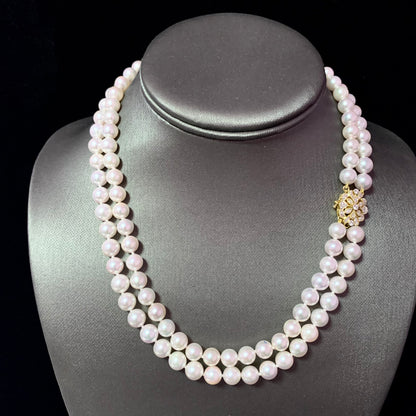 Diamond Akoya Pearl 2-Strand Necklace 17" 14k Gold 7.5mm Certified $6,950 117522 - Certified Fine Jewelry