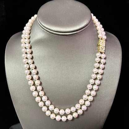 Akoya Pearl Diamond 2-Strand Gold Necklace 7.5 mm 19.25" Certified $9,975 210643 - Certified Estate Jewelry