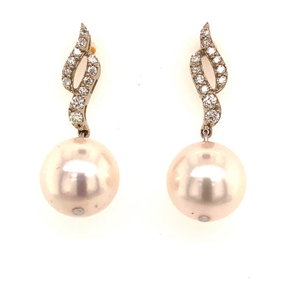 Diamond Akoya Pearl Dangle Earrings 14k Gold 9.2 mm Certified $1,990 114460 - Certified Fine Jewelry