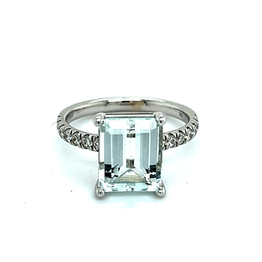 Natural Aquamarine Diamond Ring Size 6.5 14k W Gold 3.18 TCW Certified $4,975 217845