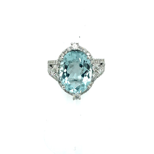 Natural Aquamarine Diamond Ring Size 6.5 14k W Gold 6.58 TCW Certified $5,975 217093