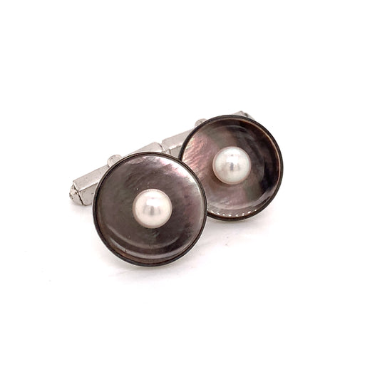 Mikimoto Estate Akoya Pearl Abalone Cufflinks Sterling Silver 5.5mm 7.24gr M188 - Certified Estate Jewelry