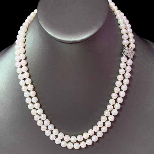Diamond Akoya Pearl 2-Strand Necklace 17" 18k Gold 6.5mm Certified $8,750 120675 - Certified Estate Jewelry