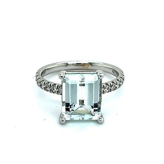 Natural Aquamarine Diamond Ring Size 6.5 14k W Gold 3.18 TCW Certified $4,975 217845 - Certified Fine Jewelry