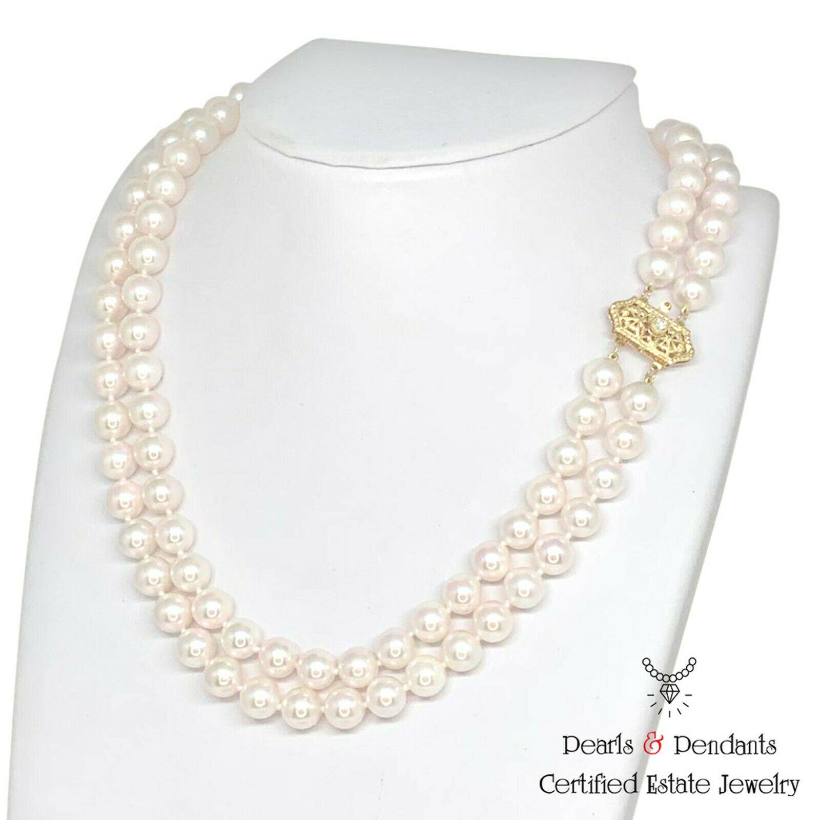 Diamond Akoya Pearl Necklace 8 mm 14k Gold 17 in 2-Strand Certified $9,750 010933 - Certified Fine Jewelry