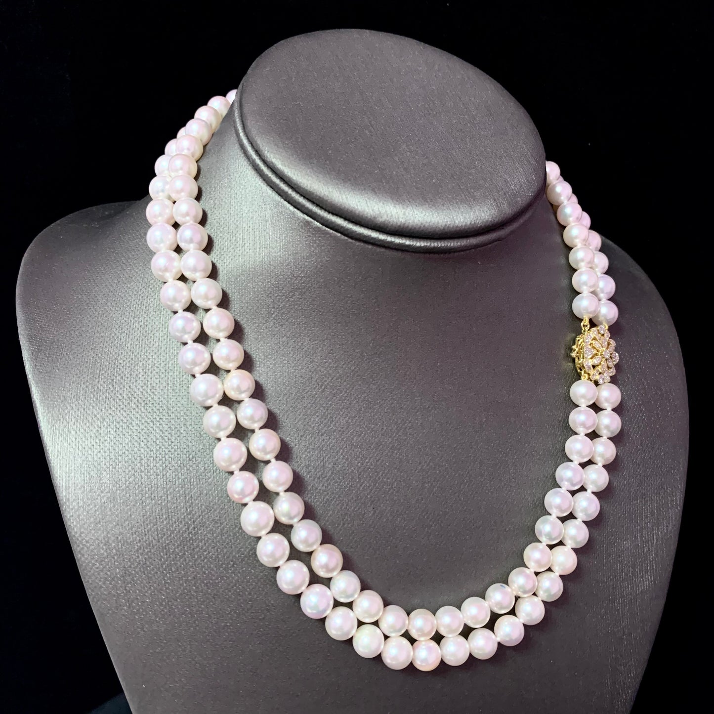 Diamond Akoya Pearl 2-Strand Necklace 17" 14k Gold 7.5mm Certified $6,950 117522 - Certified Estate Jewelry