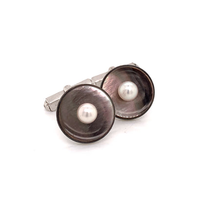 Mikimoto Estate Akoya Pearl Abalone Cufflinks Sterling Silver 5.5mm 7.24gr M188 - Certified Fine Jewelry