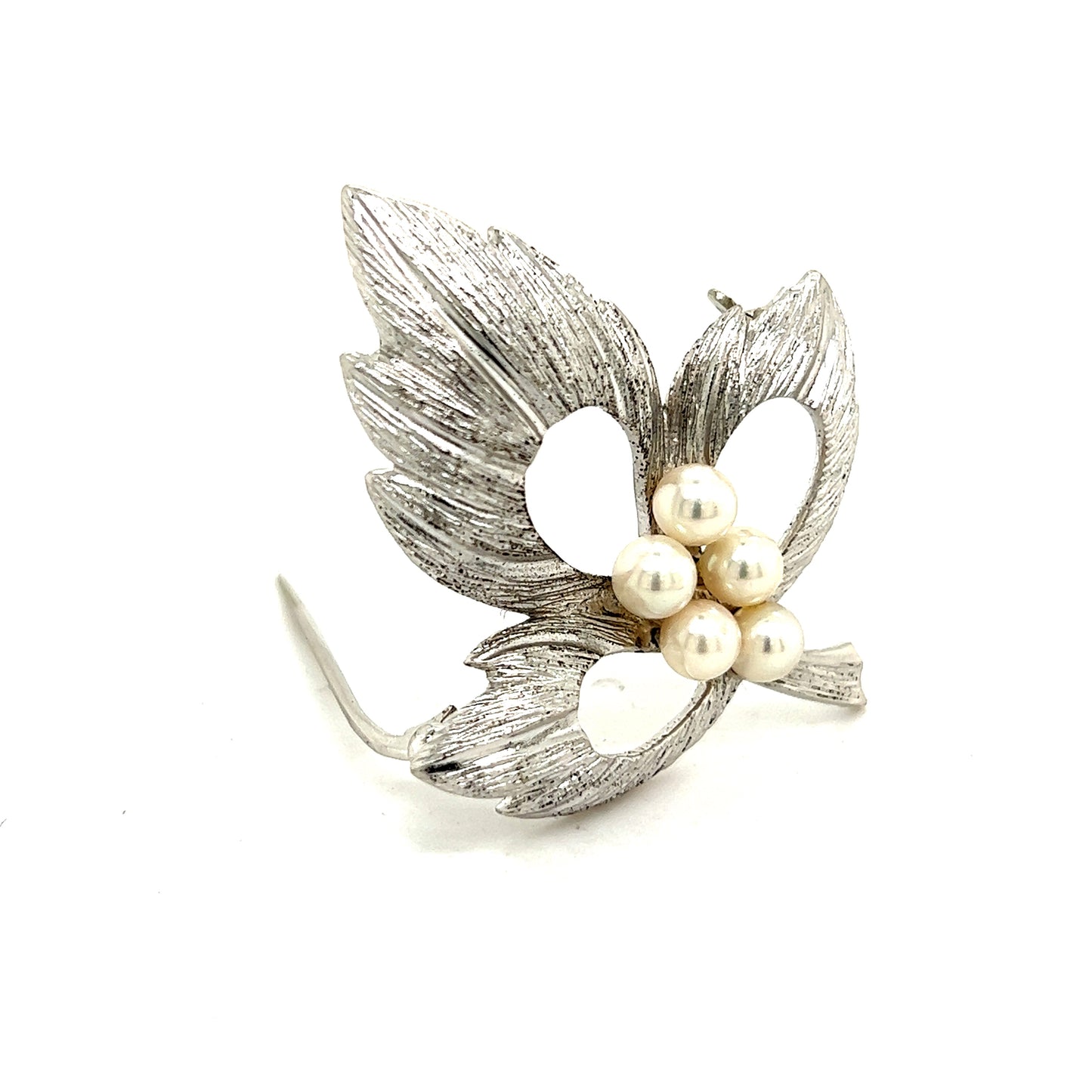 Mikimoto Estate Akoya Pearl Leaf Brooch Pin Sterling Silver 4.5 mm M296 - Certified Fine Jewelry