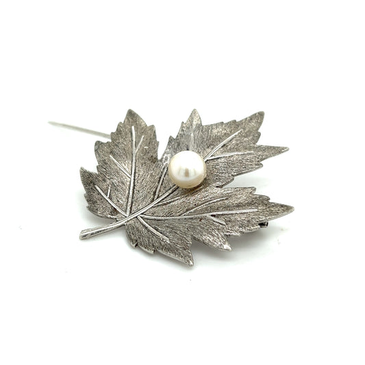 Mikimoto Estate Akoya Pearl Leaf Brooch Pin Sterling Silver 6.65 mm M297 - Certified Fine Jewelry