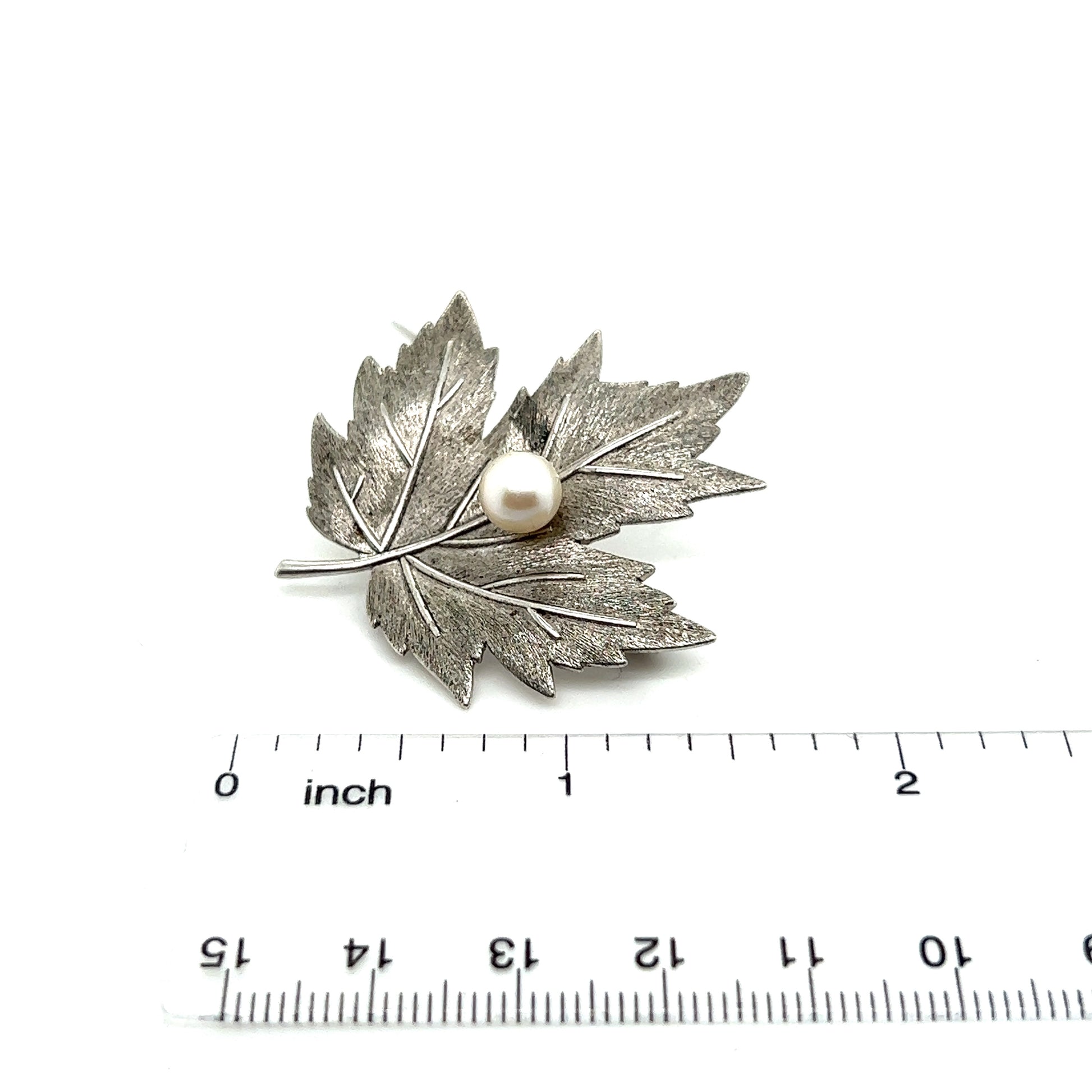 Mikimoto Estate Akoya Pearl Leaf Brooch Pin Sterling Silver 6.65 mm M297 - Certified Fine Jewelry