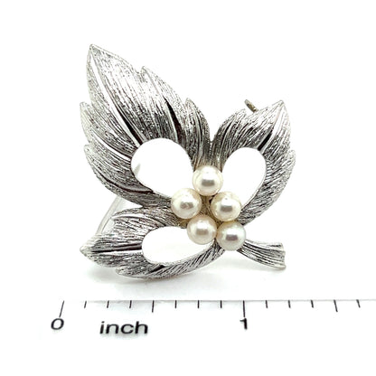 Mikimoto Estate Akoya Pearl Leaf Brooch Pin Sterling Silver 4.5 mm M296 - Certified Fine Jewelry