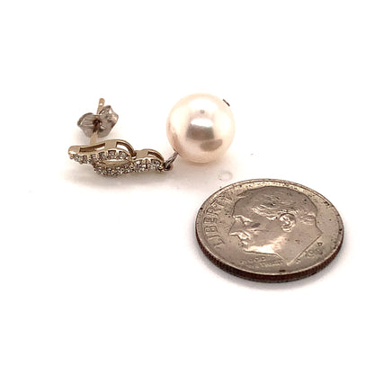 Diamond Akoya Pearl Dangle Earrings 14k Gold 9.2 mm Certified $1,990 114460 - Certified Estate Jewelry