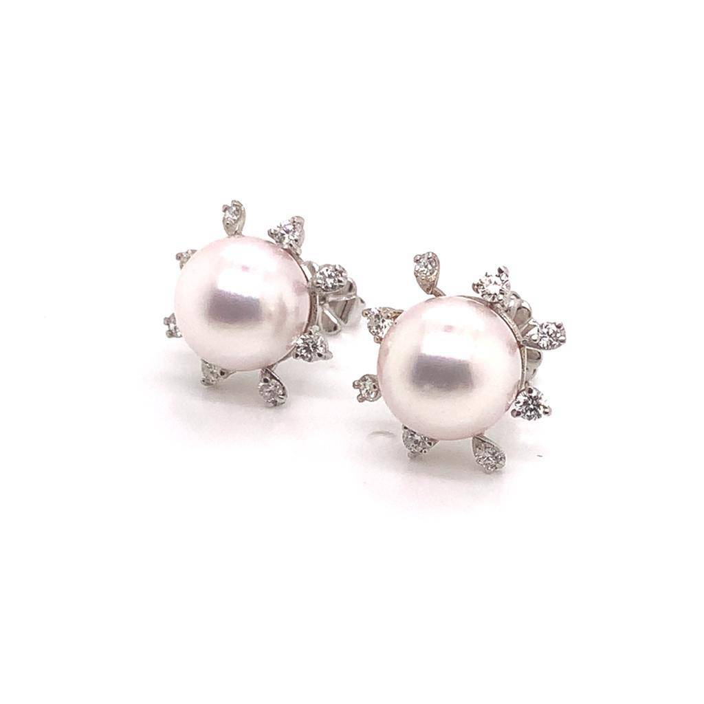 Diamond Akoya Pearl Earrings 14K White Gold 9.50 mm Certified $3,950 018642 - Certified Fine Jewelry