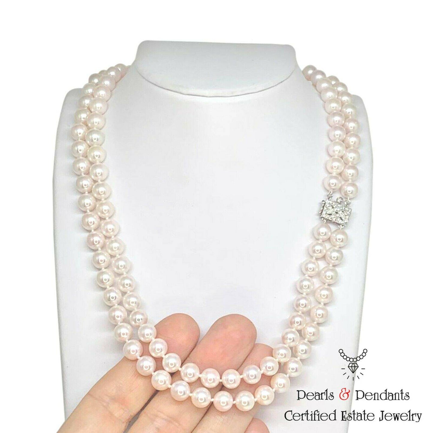Diamond Akoya Pearl Necklace 8 mm 14k Gold 18 3/4" 2-Strand Certified $9,750 010928 - Certified Fine Jewelry