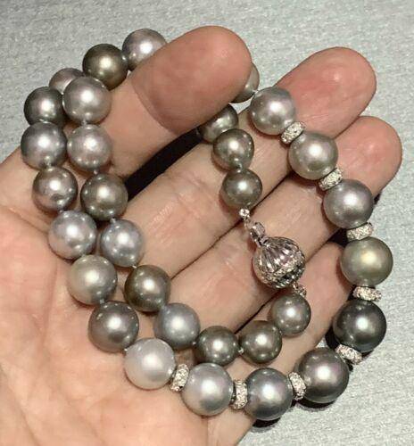 Diamond Tahitian Pearl Necklace 17.25" 12.9 mm 18k Gold 17.25" Certified $12,500 821383 - Certified Fine Jewelry