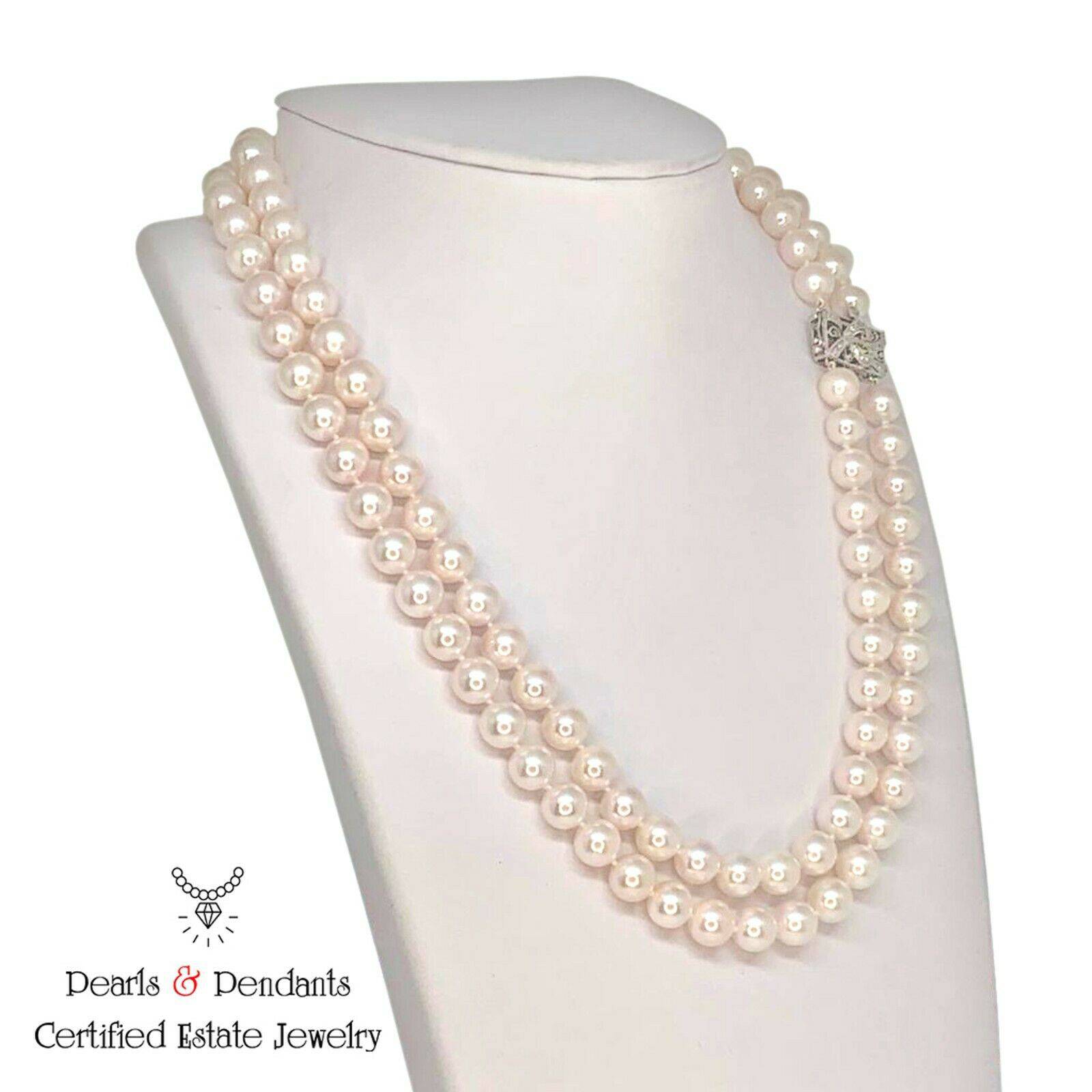 Diamond Akoya Pearl Necklace 8.20 mm 14k Gold 19" 2-Strand Certified $11,950 010260 - Certified Fine Jewelry