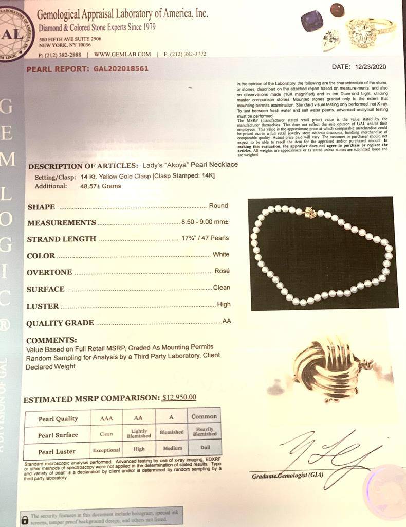 Akoya Pearl Necklace 14k Yellow Gold 17.75" 9 mm Certified $12,950 018561 - Certified Fine Jewelry