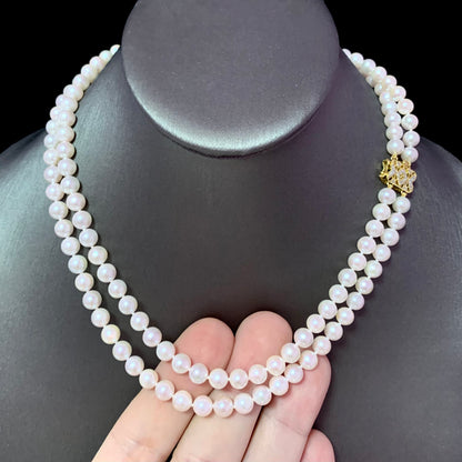 Diamond Akoya Pearl 2-Strand Necklace 17" 18k Gold 6.5mm Certified $6,900 120673 - Certified Fine Jewelry