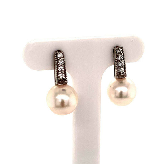 Diamond Akoya Pearl Earrings 14 KT 8.55 mm Certified $1,895 018210 - Certified Fine Jewelry