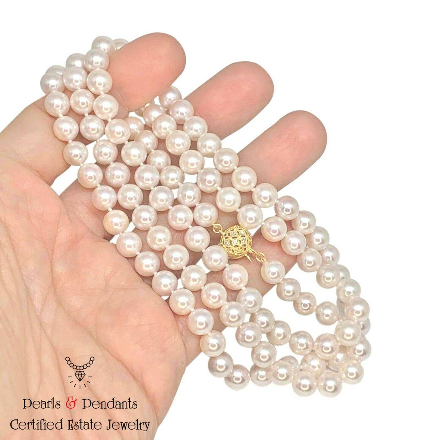 Diamond Akoya Pearl Necklace 14k Gold 8 mm 36 in Certified $9,750 010930 - Certified Estate Jewelry