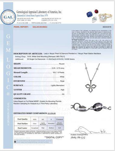 Diamond Akoya Pearl Necklace 14k Gold 5.75 mm 18.5" Certified $3,950 818062 - Certified Fine Jewelry