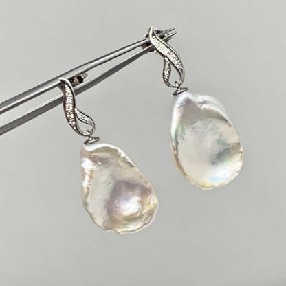 Diamond Large Fresh Water Pearl Earrings Baroque 14k Gold Certified $1,950 914369 - Certified Estate Jewelry