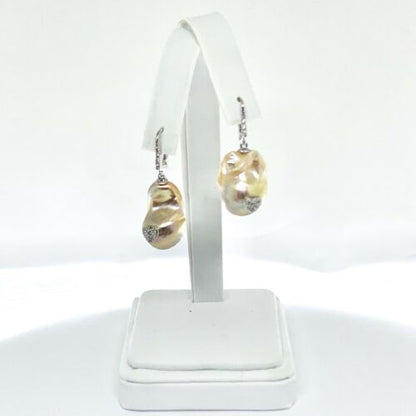 Diamond Baroque FW Yellow Pearl Earrings 14k Gold Certified $1,950 914375 - Certified Estate Jewelry