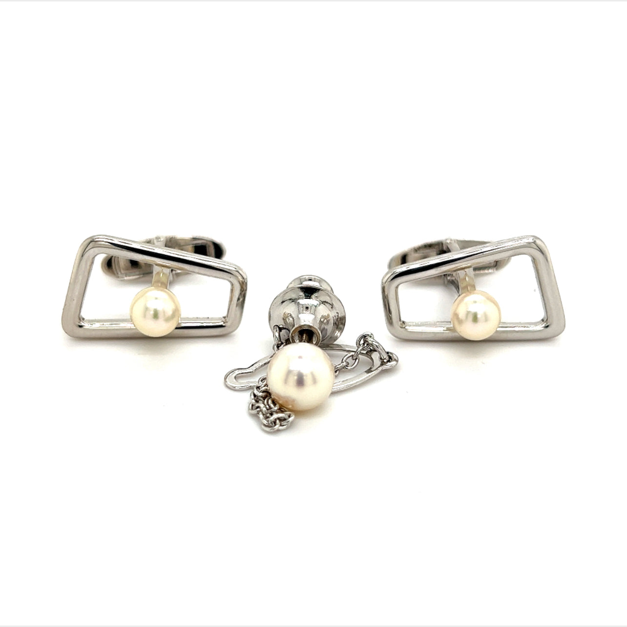 Mikimoto Estate Akoya Pearl Cufflinks and Tie Pin Sterling Silver 7.28 mm M276
