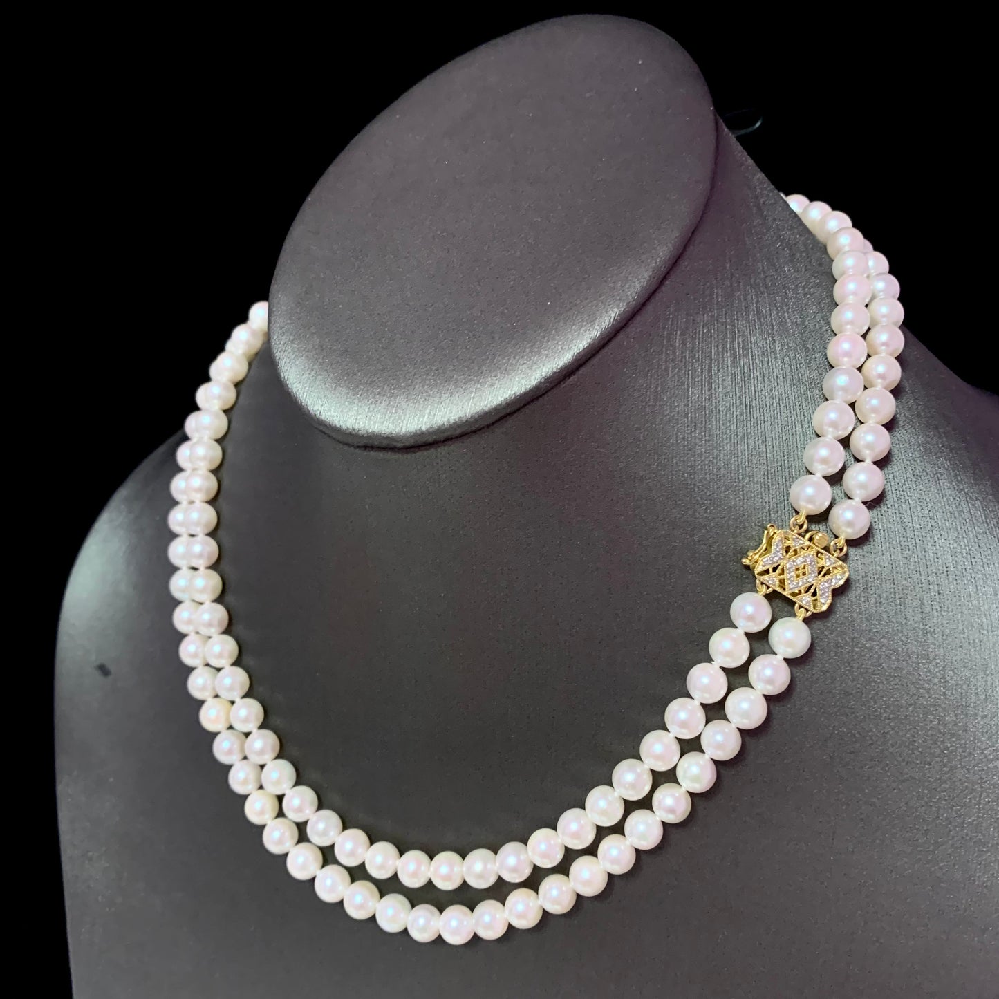 Diamond Akoya Pearl 2-Strand Necklace 17" 18k Gold 6.5mm Certified $6,900 120673 - Certified Estate Jewelry