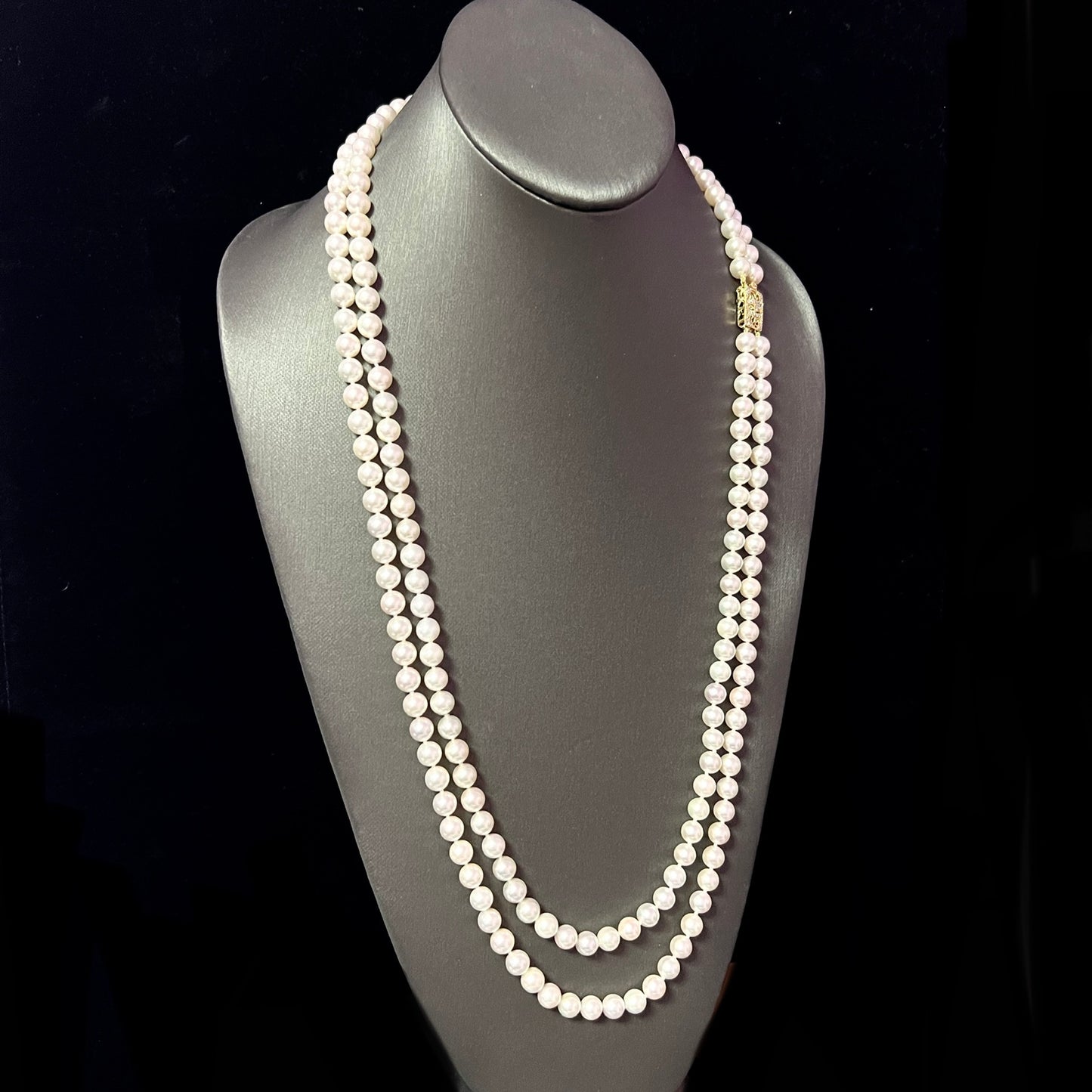 Akoya Pearl Diamond Double Stranded Necklace 28" 14k Y Gold 7.5 mm Certified $9,750 301764